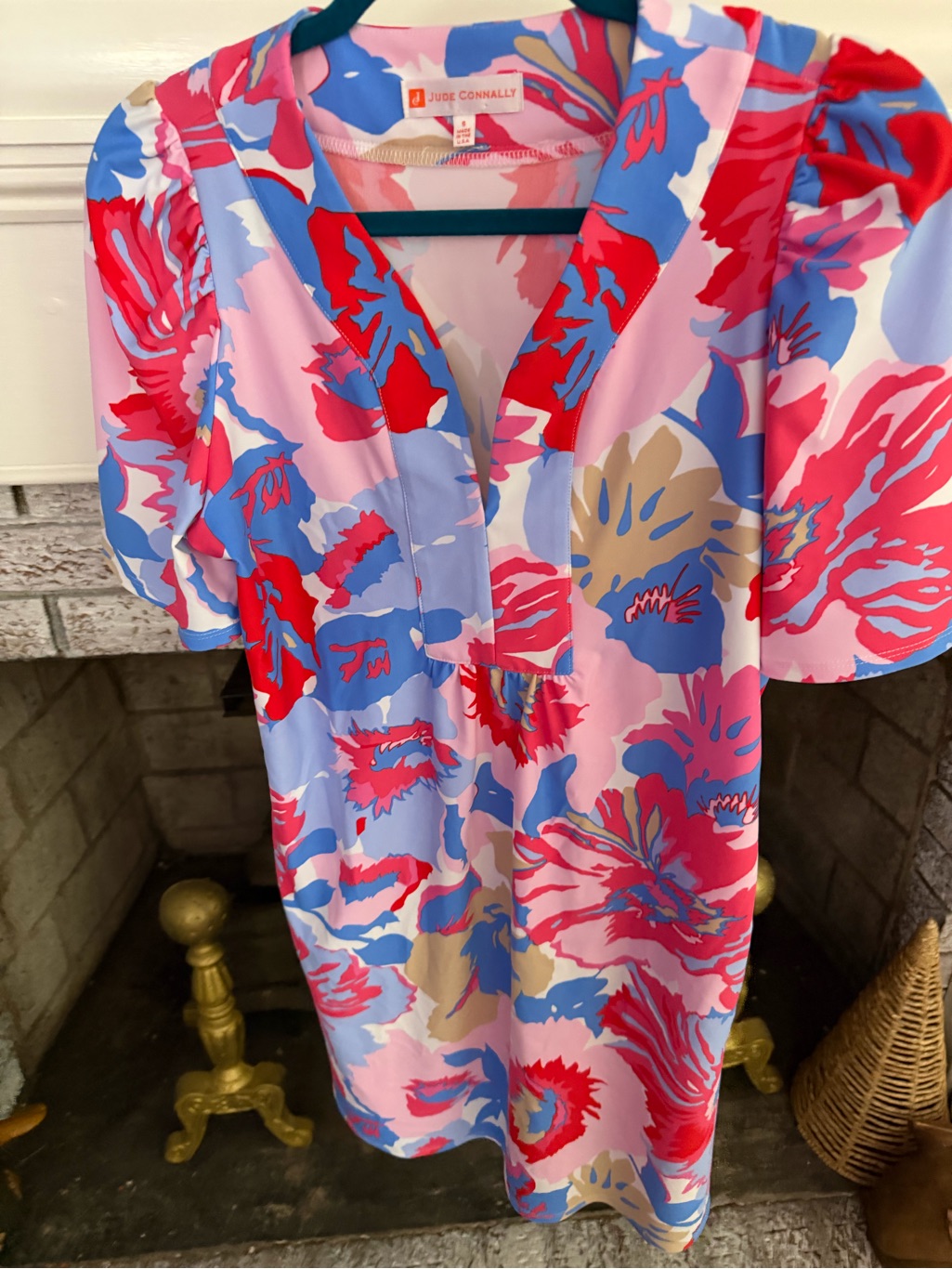 Jude Connally Floral Puff Sleeve Shift Dress Pink Blue Resort Travel Size S